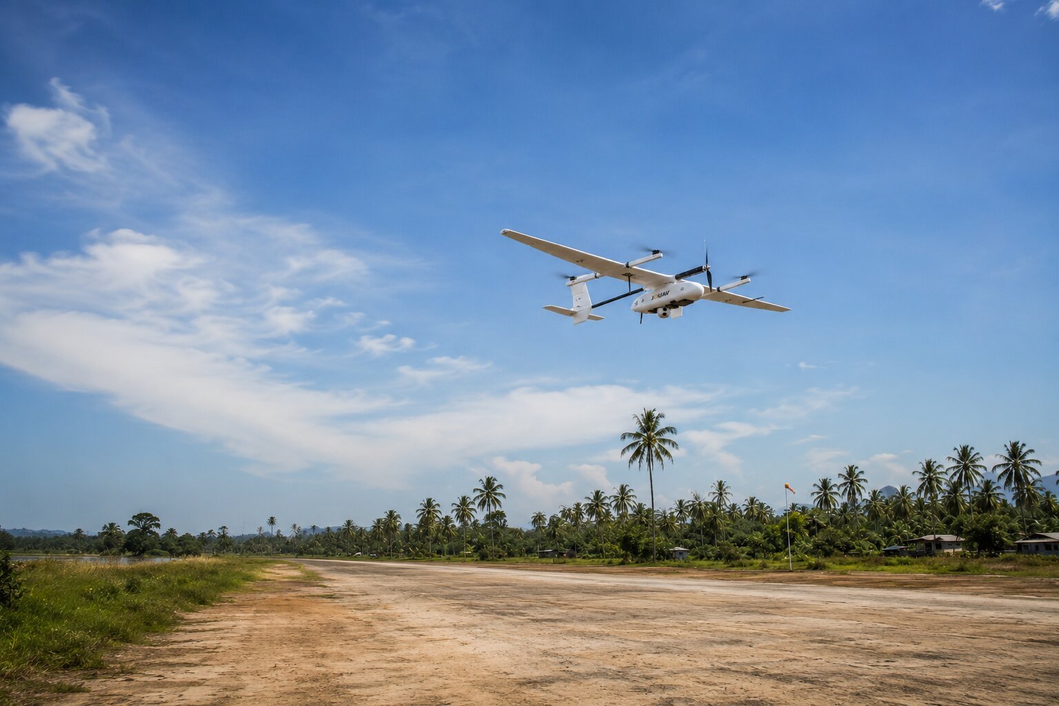 A state-of-the-art reconnaissance drone in mid-air flight over a runway